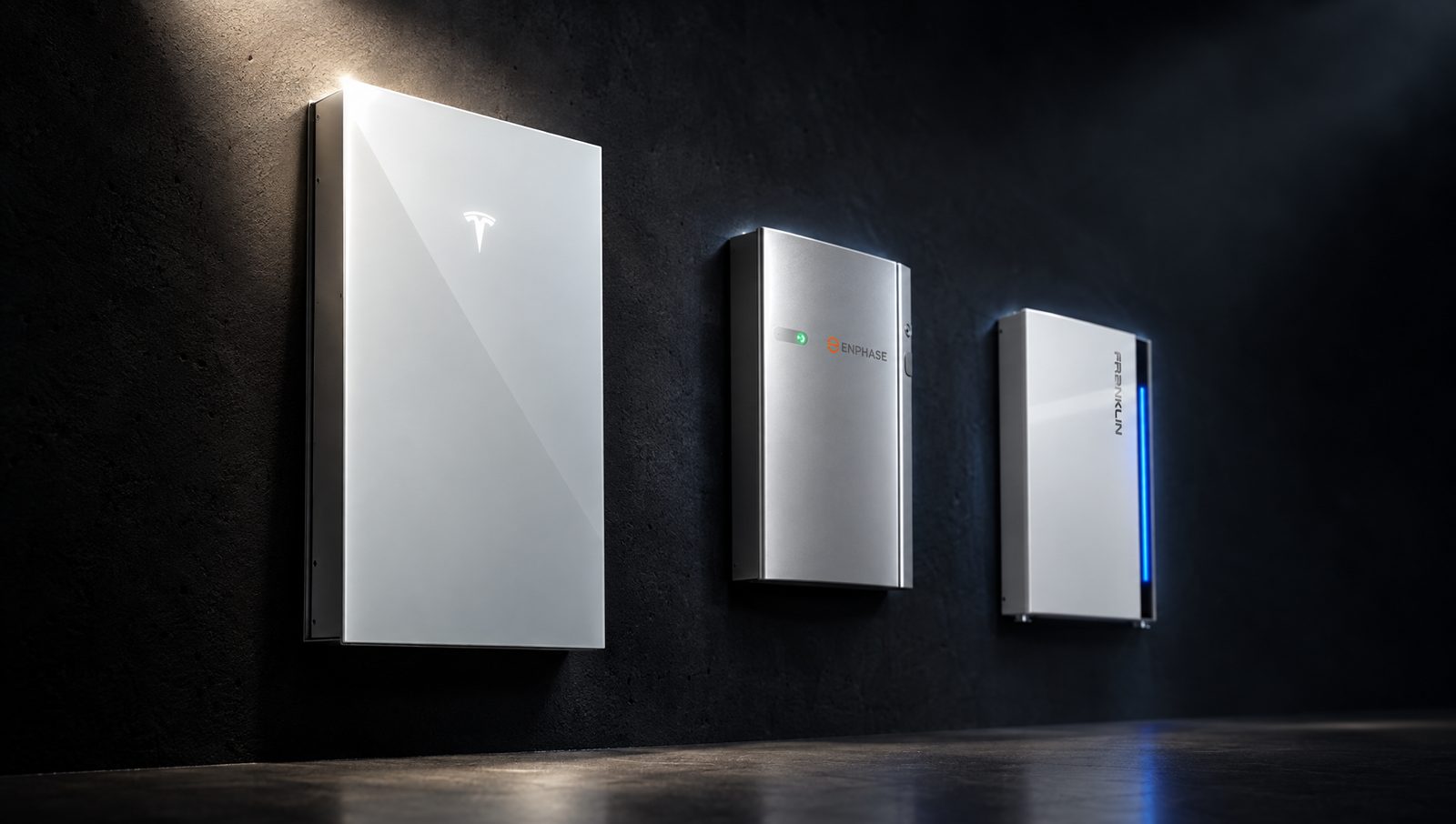 Tesla Powerwall 3, Enphase IQ Battery 5P, and Franklin aPower home batteries shown side by side